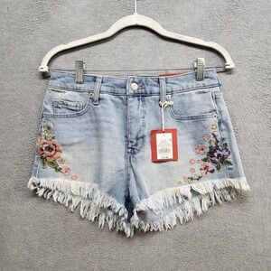 Mossimo Women Denim Shorts‎ 4 Blue High Rise Frayed Hem Embroidered Cotton NWT
